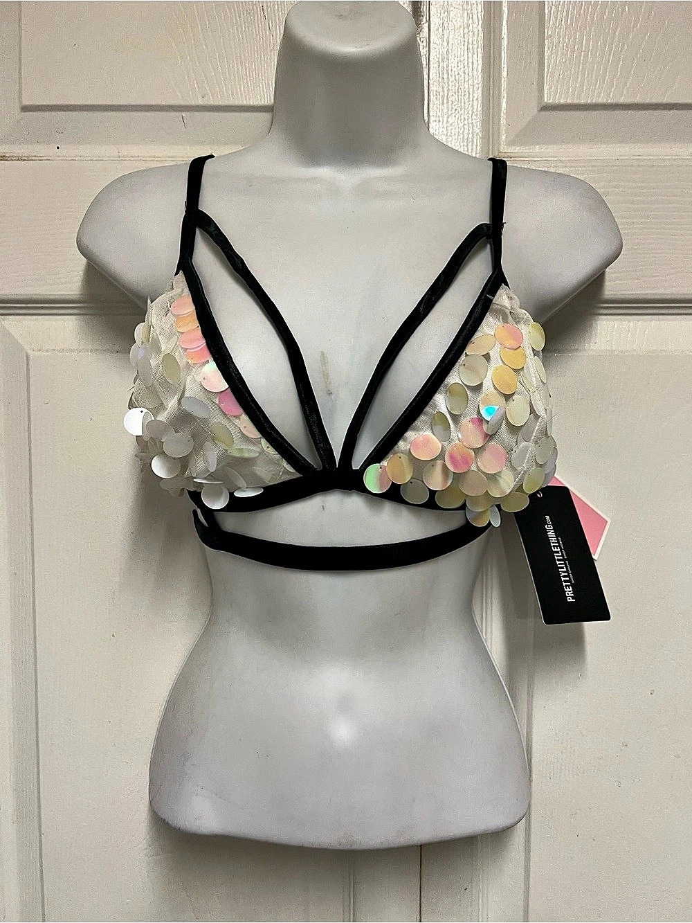 PrettyLittleThing Sequin Bralette in Black & Pink NWT